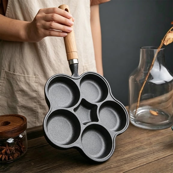 Cast Iron 5-Cup Nonstick Divided Frying Pan, Breakfast Skillet Grill Pan with Wooden Handle for Eggs, Steak & Burgers, Black