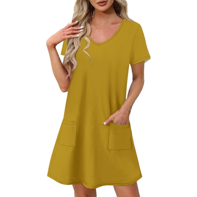 Vestido Corto de Verano de Moda de Color Sólido Vestido Casual de Cuello en V de Manga Corta, Desgaste Ligero de Poliéster para las Mujeres, Lavado de Manos