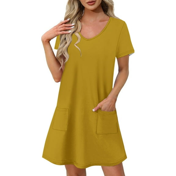 AherBiu Summer Dresses for Women Casual Loose Fitting V Neck Short Sleeve Tshirt Tunic Dress with Pockets