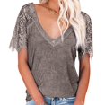 thumbnail image 1 of Womens Summer Eyelash Floral Lace Splicing Short Sleeve Tee Top Sexy Deep V-Neck T-Shirts Casual Loose Blouse Streetwear Black S, 1 of 4