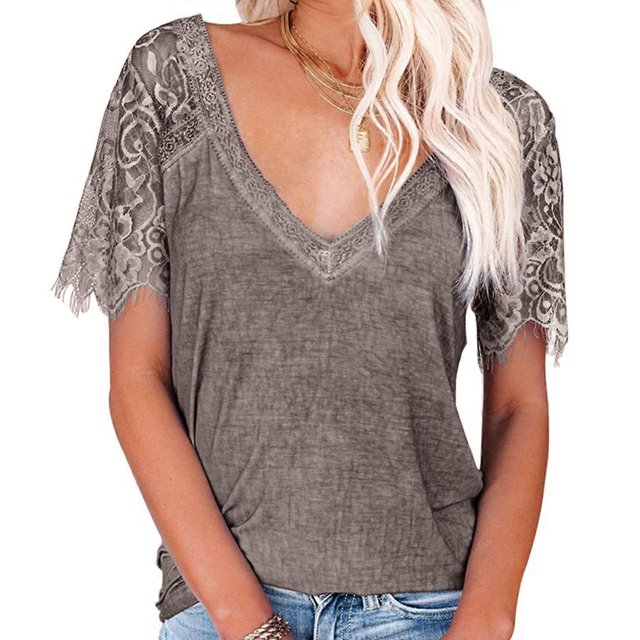 Womens Summer Eyelash Floral Lace Splicing Short Sleeve Tee Top Sexy Deep V-Neck T-Shirts Casual Loose Blouse Streetwear Black S