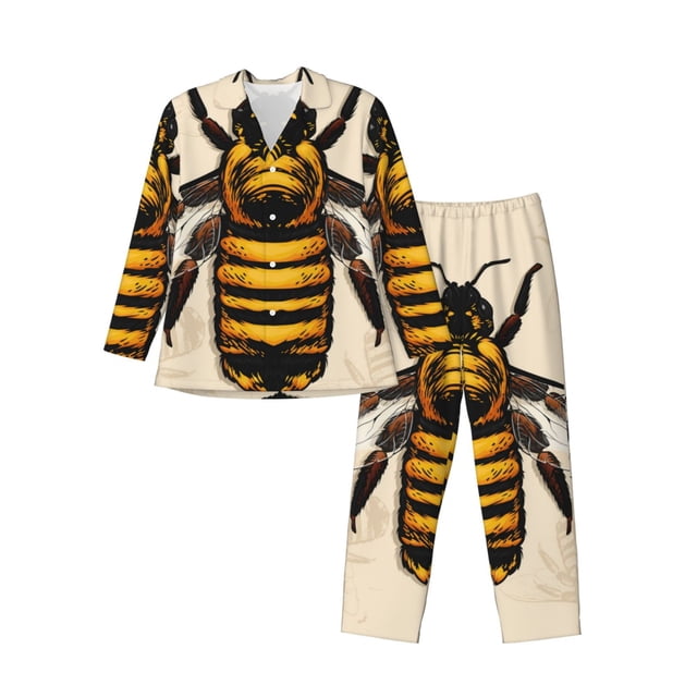 Balery Honey Bee Pijama para Hombre de Dos Piezas con Manga Larga, Conjunto de Dormir y Descanso Suave con Bolsillos-Large