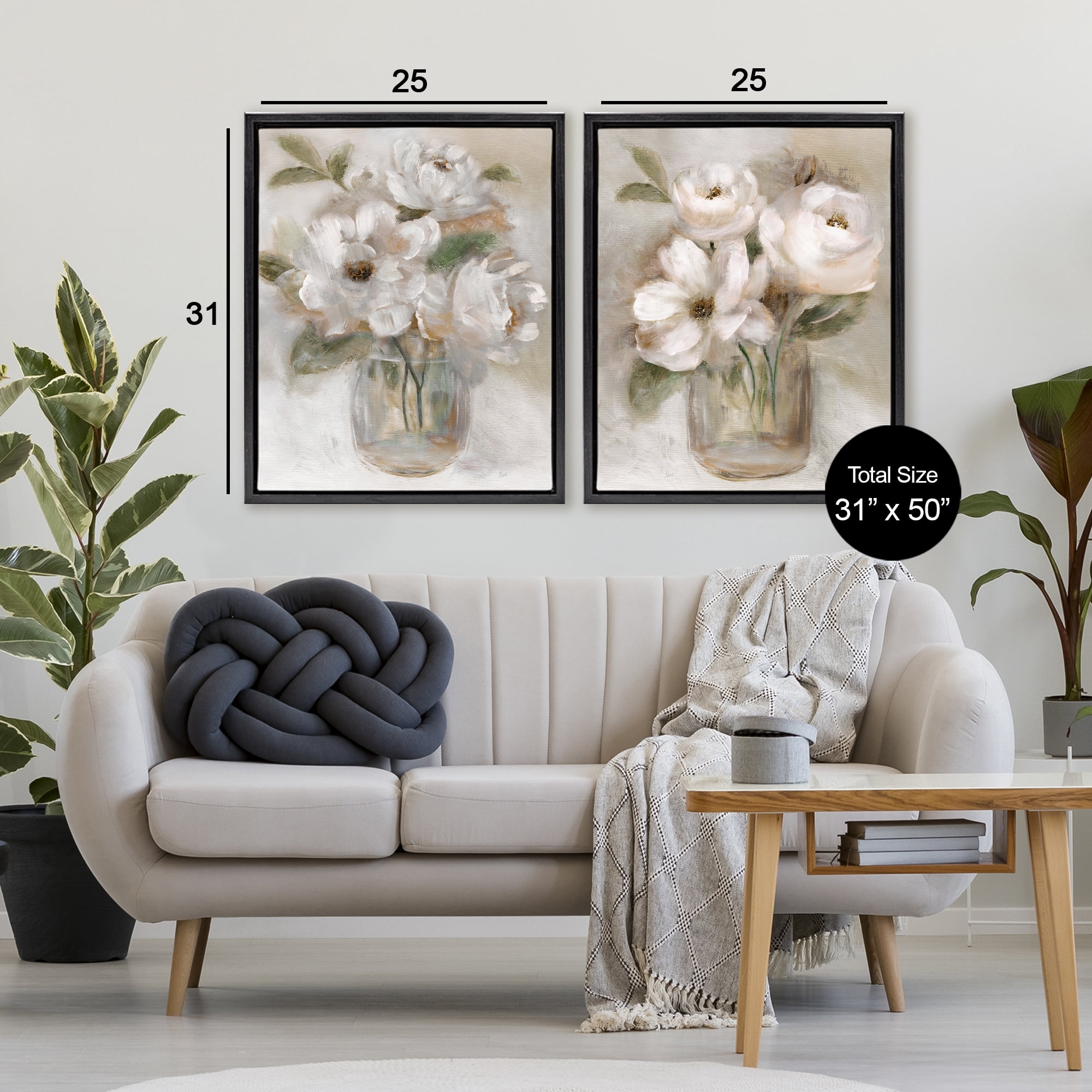 Stupell Industries Brushed White & Beige Roses 2 Piece Black Framed Floater Canvas Set, design by Nan