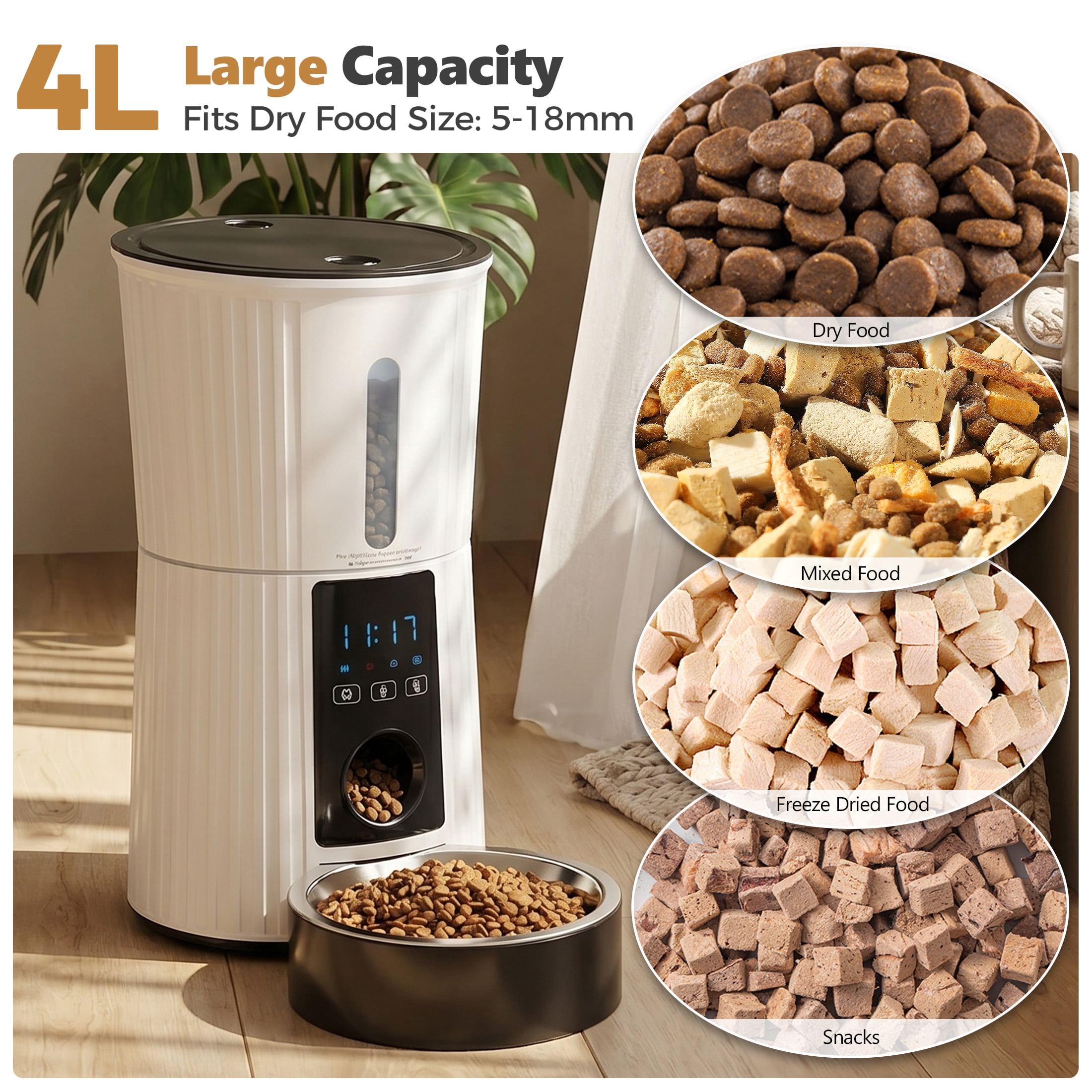 EDX WiFi 4L Automatic Pet Feeder&nbsp;with App, 7-Day Feeding Logs, 10s Voice Recorder & Dual Power, for Home/Weekend Trips,&nbsp;Timed Feeder for Cats & Dogs, White