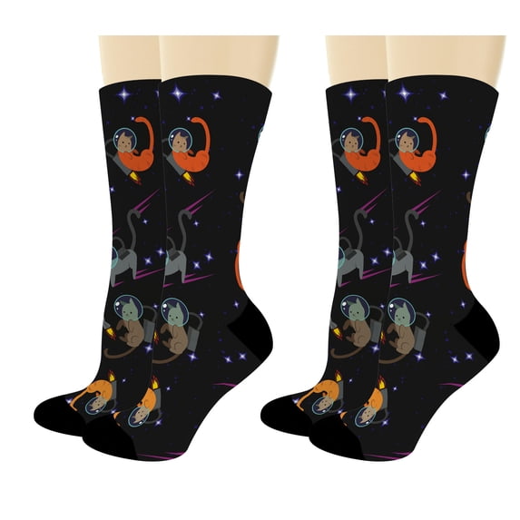 ThisWear Cat Mom Cat Dad Gifts Cat Astronaut Socks Cat Crew Socks Cat Lover Socks 2-Pairs Novelty Crew Socks