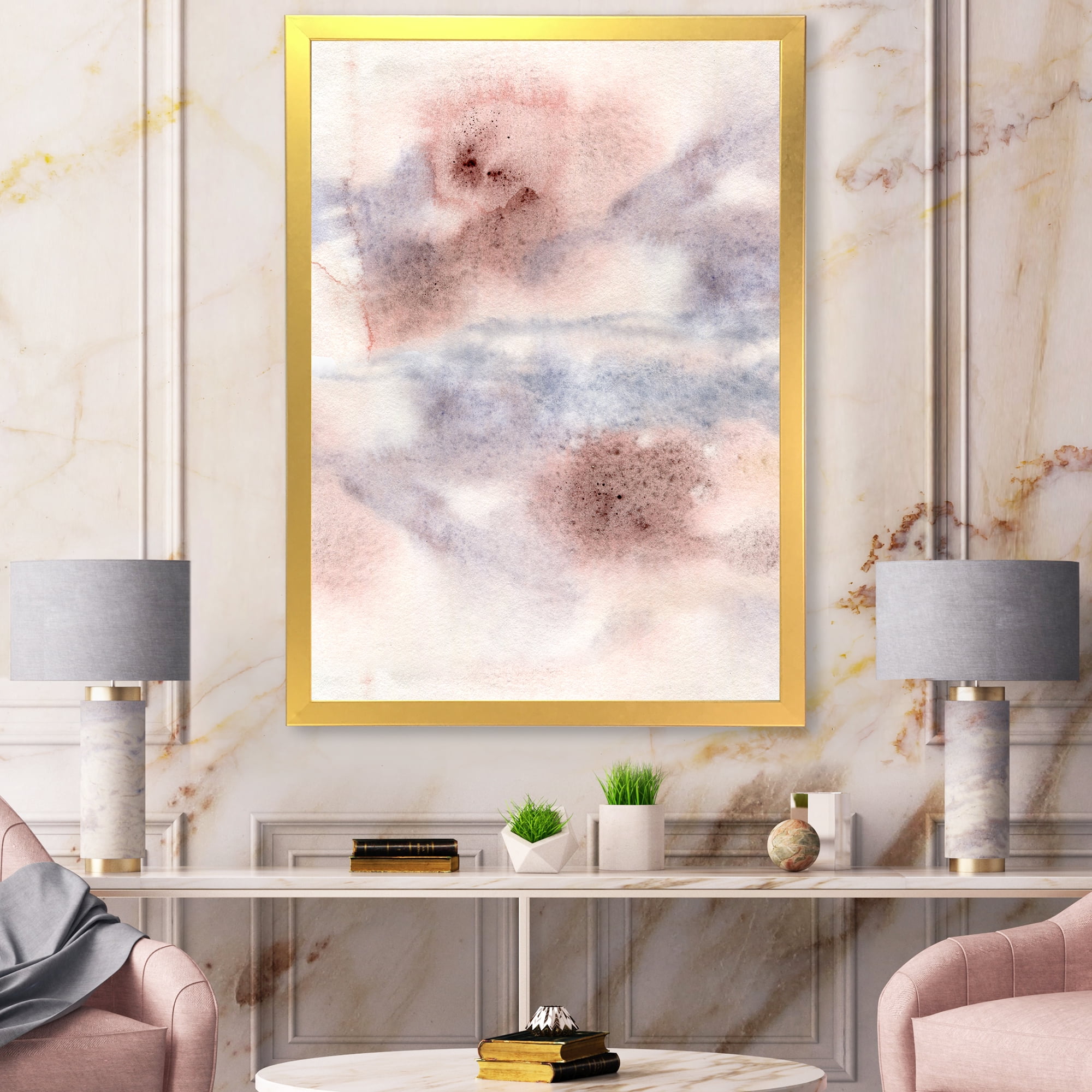 Designart 'Pastel Abstract With Gray Blue Pink and Red Spots' Modern Framed Art Print
