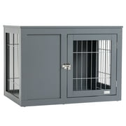 PawHut Wooden Dog Crate Furniture Wire Indoor Pet Kennel Cage, End Table with Double Doors, Locks for Small and Medium Dog House, Grey