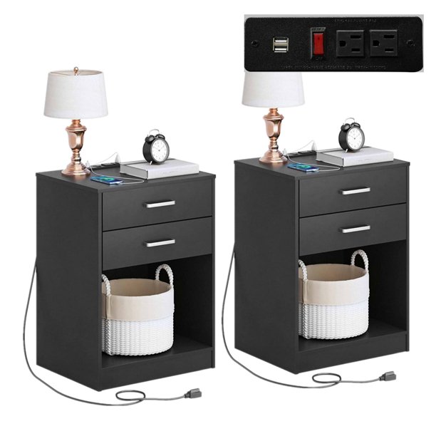 Nightstand Set of 2 with Charging Station,Modern End Side Table with 2