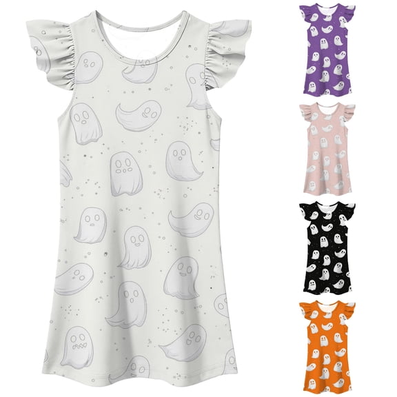 Gunia Toddler Girls Nightgown Princess Pajamas Halloween Ghost Flutter Sleeve Nightgown Summer Casual Cartoon Digital Print Dress Night Gowns Pjs Loungewear White 3-4 Years