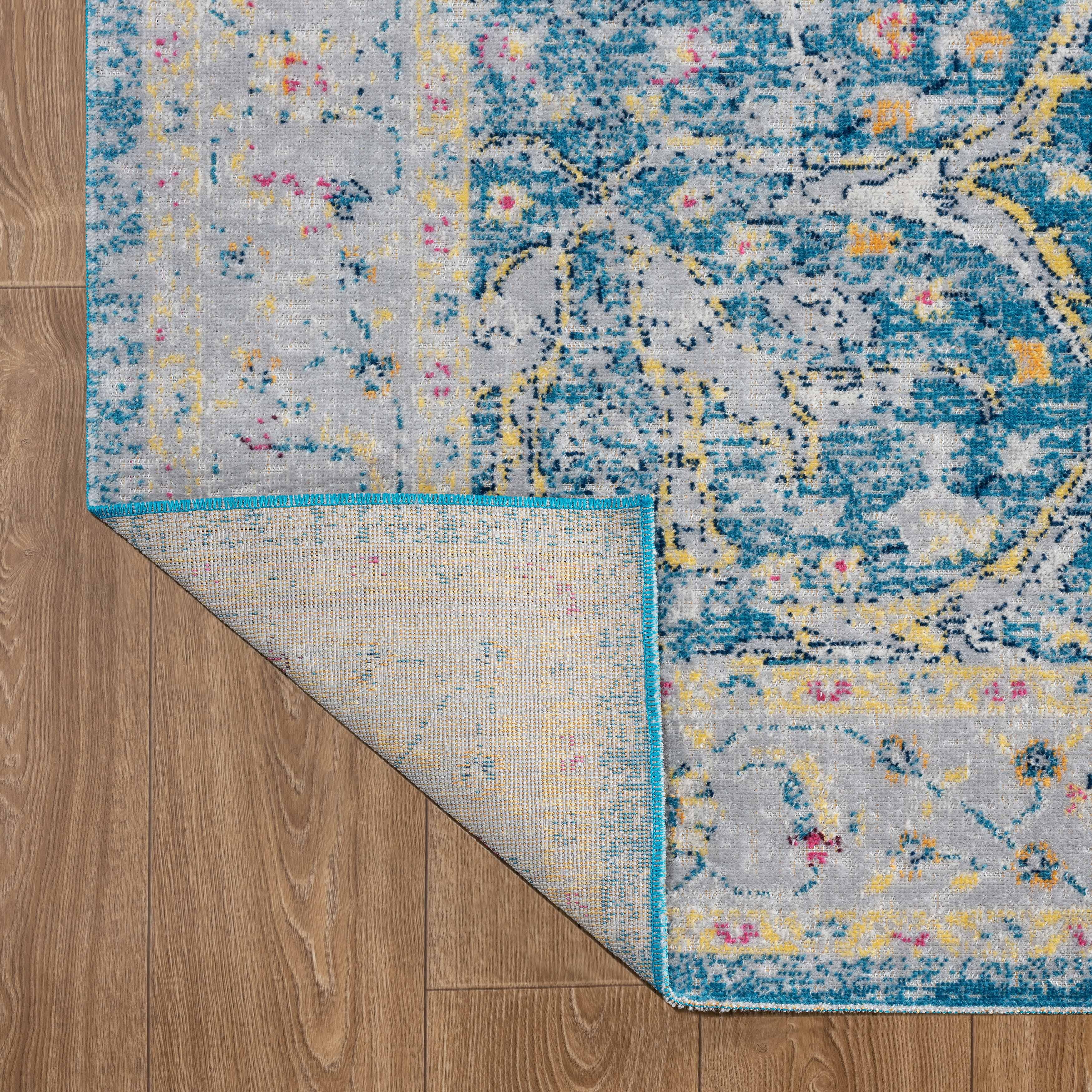 Ox Bay Blake 5'3" x 7'10" Blue/Gray Bordered Floral Durable Performance Indoor/Outdoor Area Rug