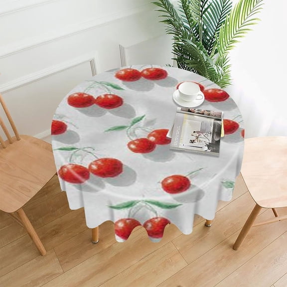 RKSupls 60 Inch Round Tablecloth, Cherry Fruit White Premium Polyester Straight Edge Wrinkle Resistant Washable Table Cover for Party Home Dining Decor