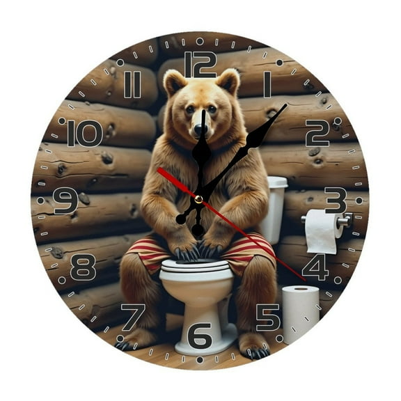 Bear Bathroom Toilet Wall Clock 10 Inch Silent Non Ticking Round Wooden Clock Decoration for Living Room Kitchen Bedroom Bathroom Office Classroom