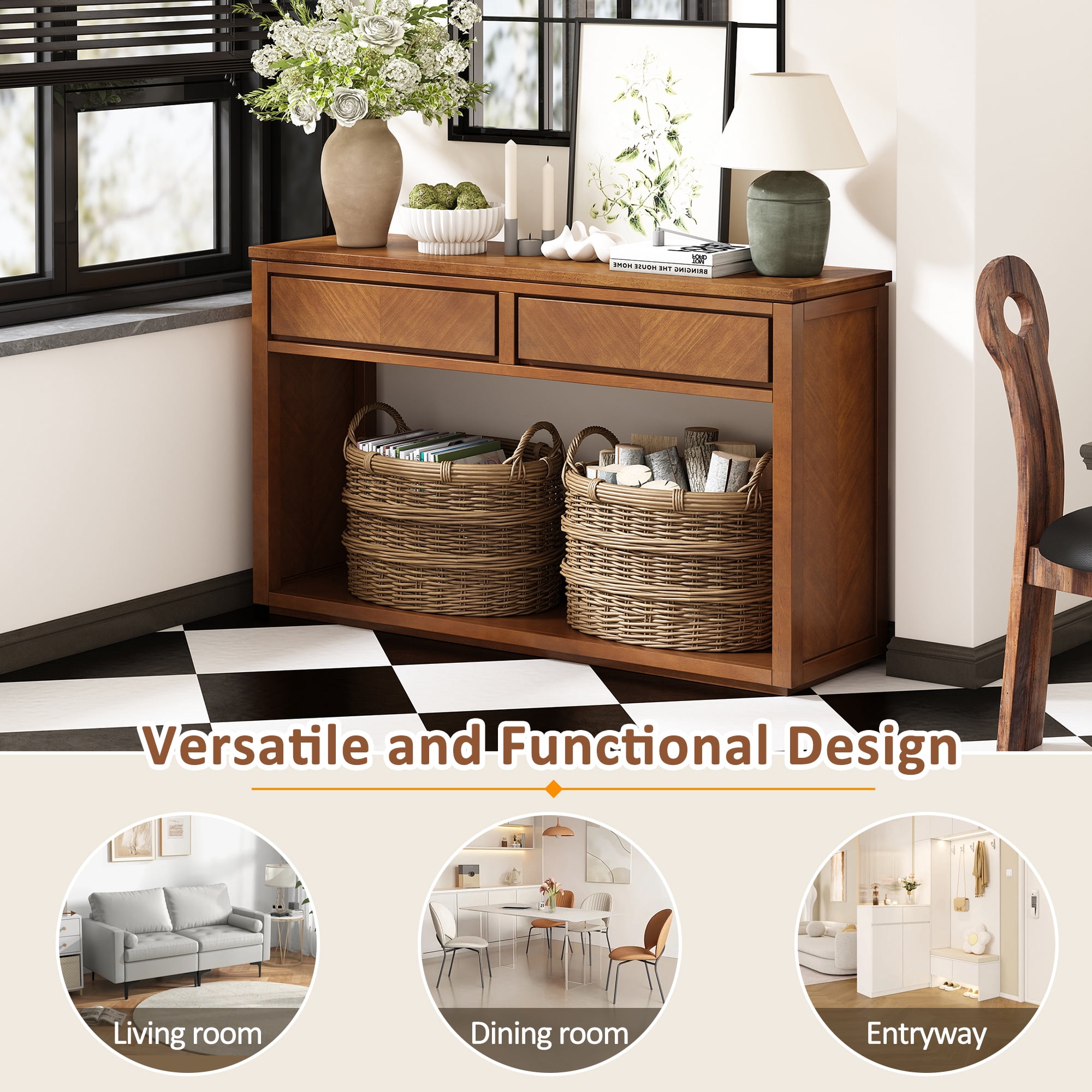EUROCO 55" Long Console Table with 2 Drawers,Wooden Entryway Table with Open Storage Shelf, Sofa Table Behind Couch Foyer Tables for Living Room Hallway Entrance,Honey