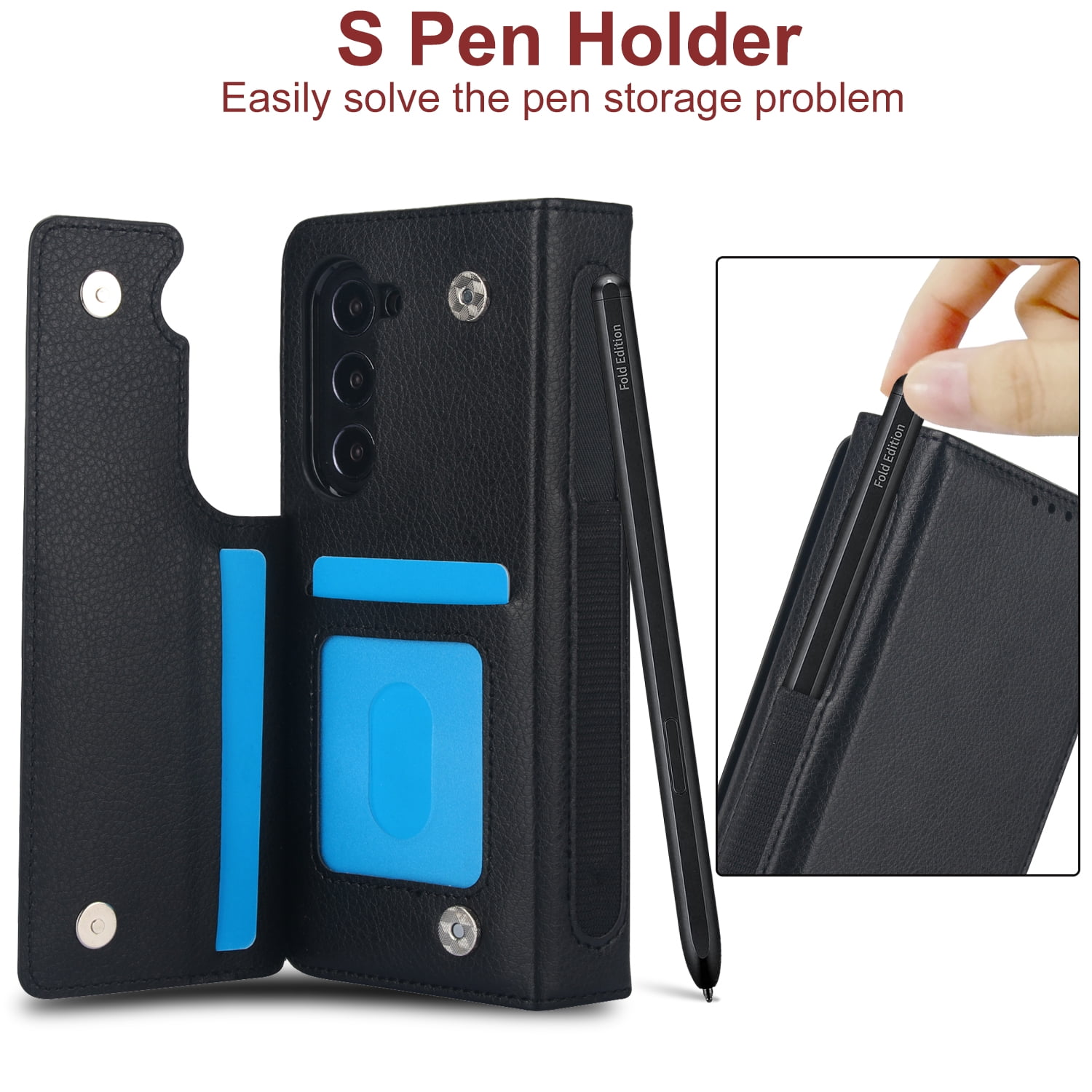 Wallet Case for Samsung Galaxy Z Fold 7 with S-Pen Holder and Credit Card Slots, Premium PU Leather RFID Blocking Magnetic Closure Flip Phone Case Cover for Samsung Galaxy Z Fold 7, Black