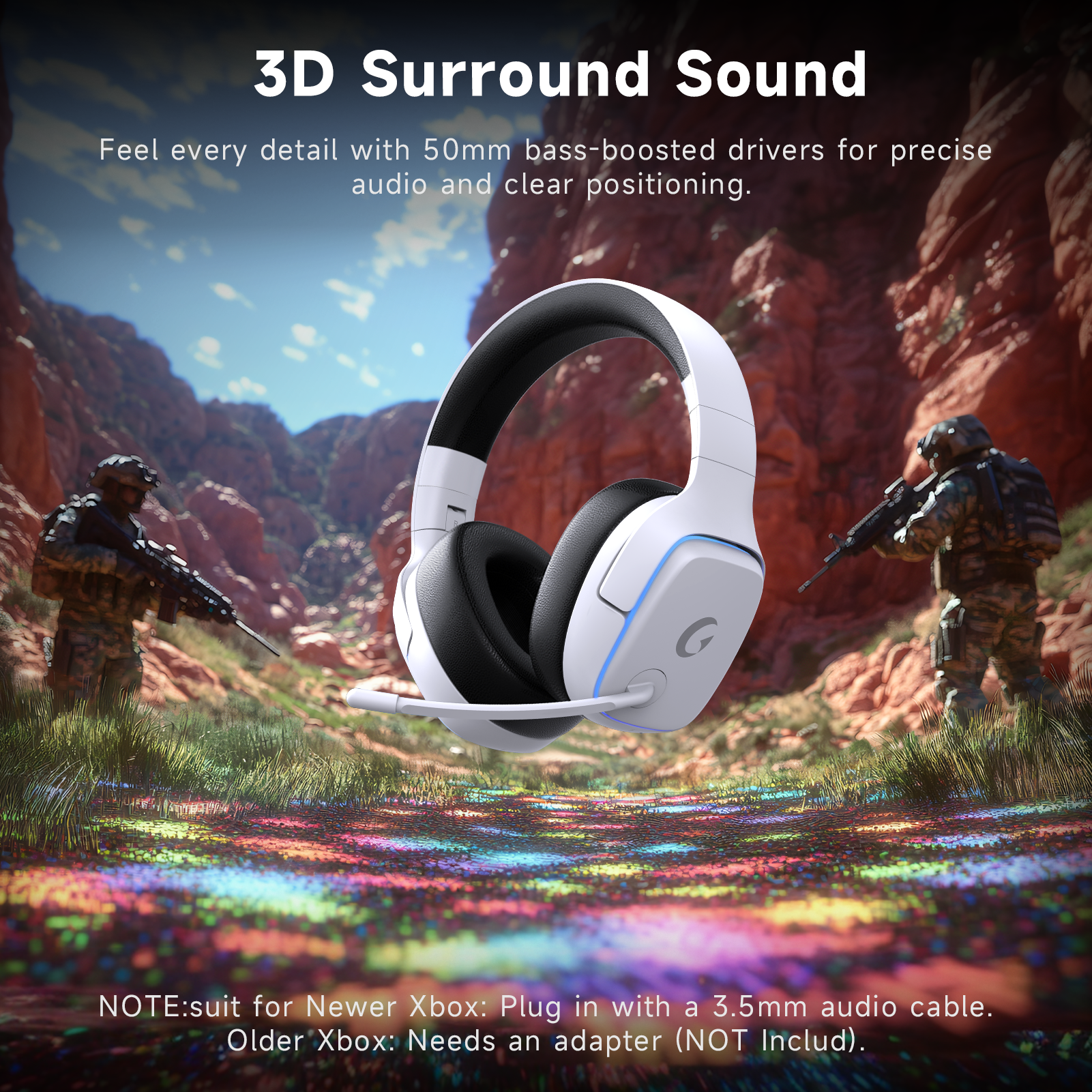 UDH Wireless Gaming Headset 2.4GHz for PS5/PS4/PC/Switch - Bluetooth 5.3 Headphones with Noise-Canceling Mic, 7.1 Surround Sound, 70H Battery Life, RGB Lights, Foldable, Portable - White
