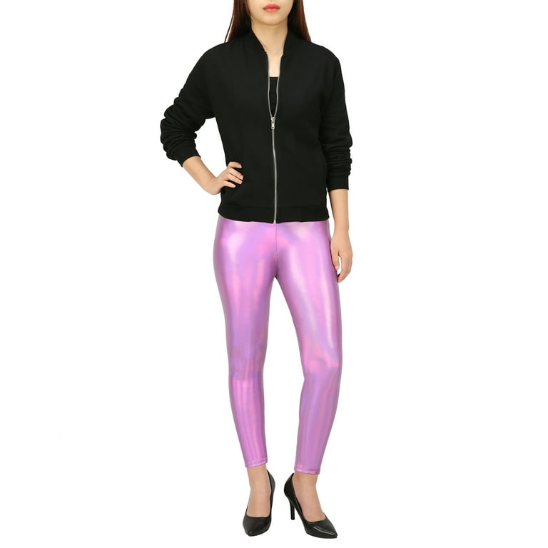 HDE Women's Shiny Holographic Leggings Liquid Metallic Pants Iridescent  Tights (Holographic, Medium)