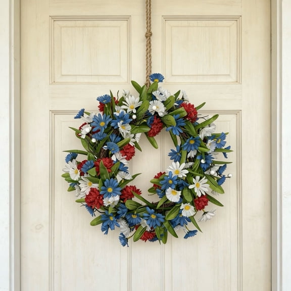 Miwamany Patriotic Wreath for Front Door 4th of July Wreath Independence Day White Blue Red Garland for Memorial Day Veterans Day Front Door Decoration Hanging Ornaments