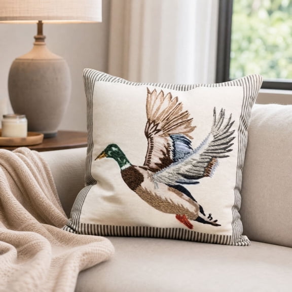 Mallard Duck Embroidered Throw Pillow Cover, 18x18 Inch Square Decorative Cushion Case for Sofa Couch Living Room Bedroom Farmhouse Home Decor