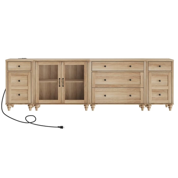 Large TV Stand for 100-Inch TV, TV Console Table for 85-95 Inch TVs, Entertainment Center with Charging Station & Glass Door, Kitchen Sideboard Buffet Cabinet for Dining Room, Oak Finish