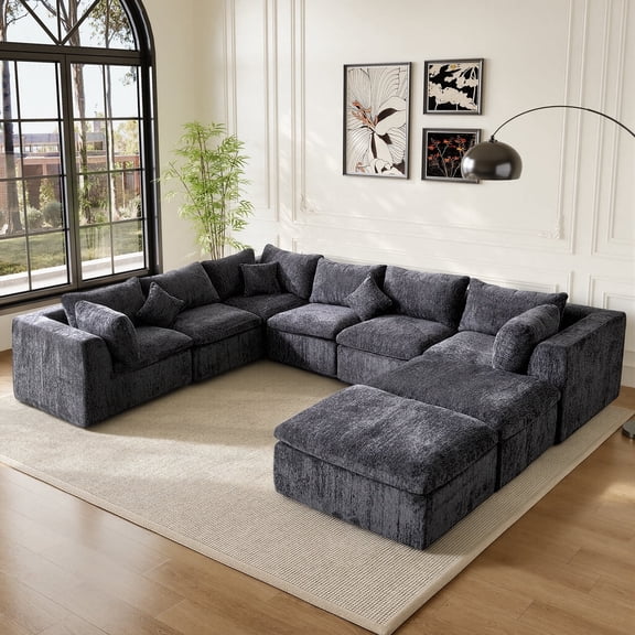 LAZZO U-Shaped Cloud Sectional Sofa with Ottoman，6-Seat with Memory Foam, Gray