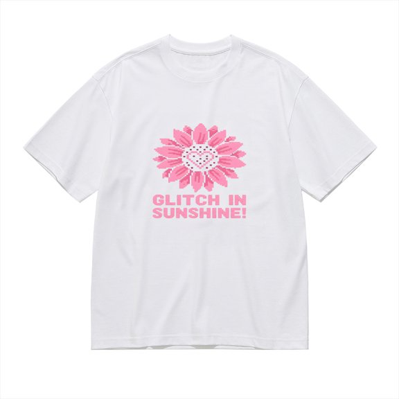 GLITCH IN SUNSHINE,Pink Pixel Sunflower Print, Vintage T Shirt, Cotton T-Shirt for Men, 23666350,XL