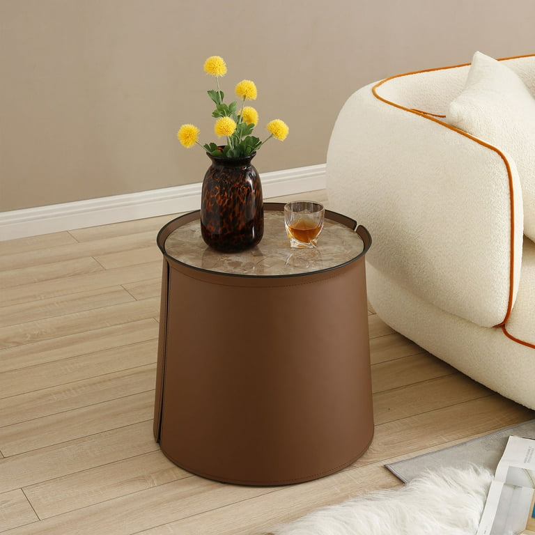 NOT available on wayfair Luxe Saddle Leather Coffee Table Iron Art Side Table with Brown Marble Top
