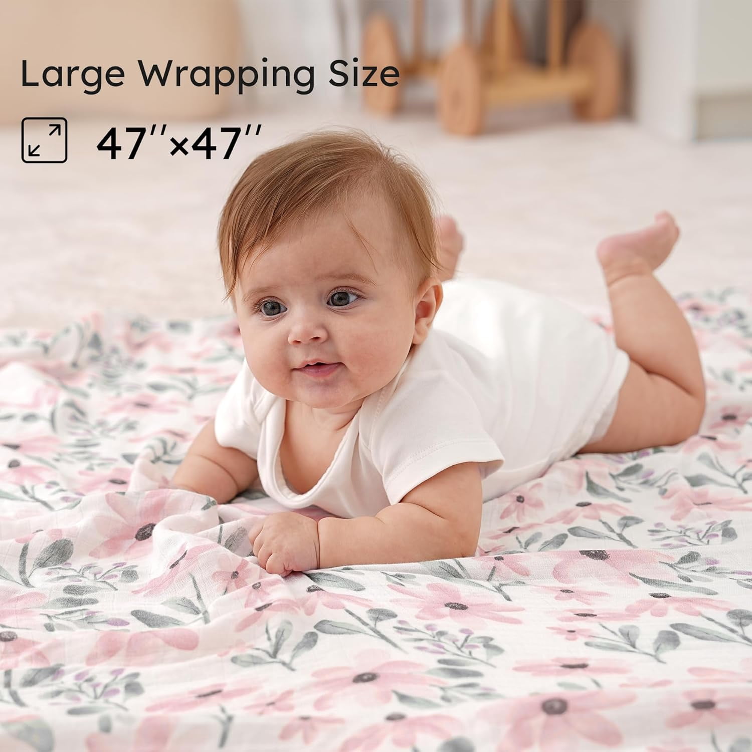 Yoofoss Muslin Swaddle Blankets, Organic Baby Blankets, 47 x 47 Inches Receiving Blanket 4-Pack for Baby Boys and Girls, Baby Essentials for Newborns Soft Breathable Pink Flower