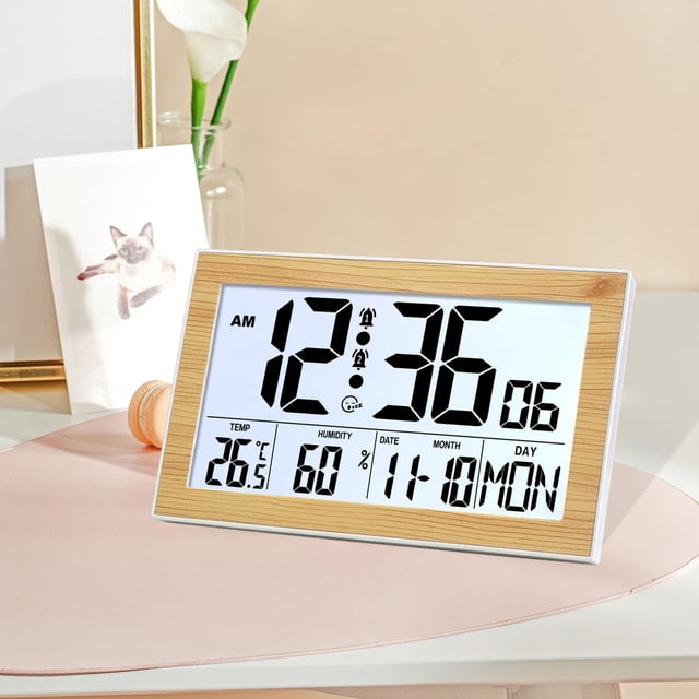 Reloj Despertador Digital Multifuncional con Pantalla Clara Indicador de Fecha Y Humedad Botón de Luz Trasera Y Soporte Ajustable Adecuado para Oficin H181H marrón claro