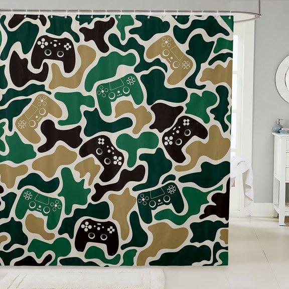 Manfei Farmhouse Gamepad Shower Curtain 72Wx72L, Mid Century Gaming Camouflage Shower Curtain 72Wx72L, Green