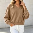 thumbnail image 2 of Hurxie Womens V Neck Cropped Sweatshirt Casual Pullover Tops Cropped Length with Chest Pocket Drop Shoulder Casual Fall Style Khaki,XL, 2 of 6
