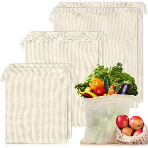 6 Packs Reusable Organic Cotton Mesh Produce Bags - 100% Cotton, Durable, Double Stitched, Washable with Tare Weight & Drawstring - Mesh Bags for Grocery Shopping, Vegetables & Fruits