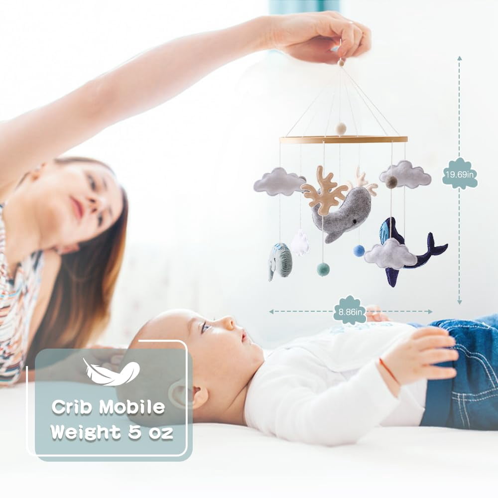 HYPERLIVING Baby Crib Mobile Ocean Nursery Mobile for Boys Girls Handmade Felt Mobile for Crib Nursery Decor for Infant Bedroom Hanging Baby Mobile for Bassinet Newborn Baby Gift（Whales）