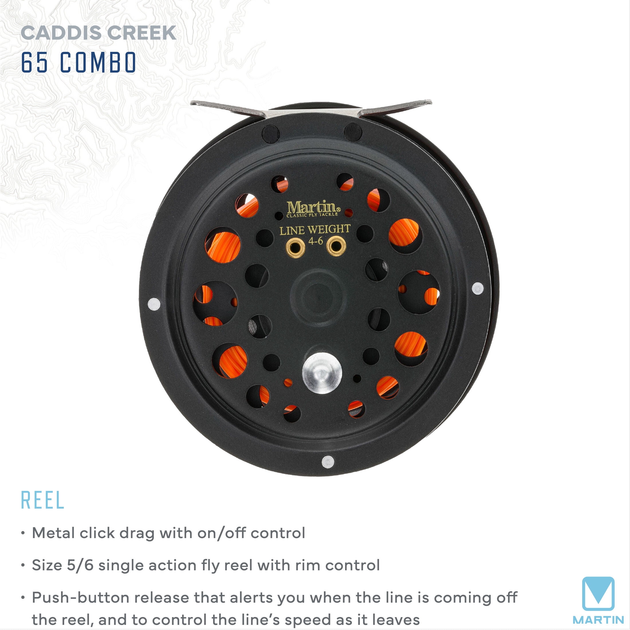 Martin Caddis Creek Fly Reel and Fishing Rod Combo, 5/6-Weight 9-Foot 2-Piece Fiberglass Rod, Brown