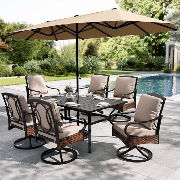 Sophia & William 8-Piece Outdoor Patio Dining Set with 13 ft Beige Umbrella, Patio Swivel Chairs with Beige Cushions & Rectangle Table for 6