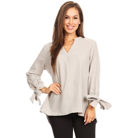 Casual Women's Loose Cotton V Neck 3/4 Bow Tie Sleeve Dressy Blouse Tops