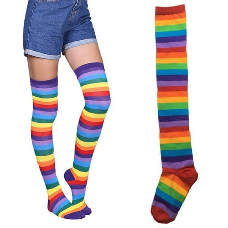 

Rainbow Knee High Socks Women Girls Punky Brewster Costume Novelty Colorful Striped Gift Cotton Socks Purple(1 Pairs)