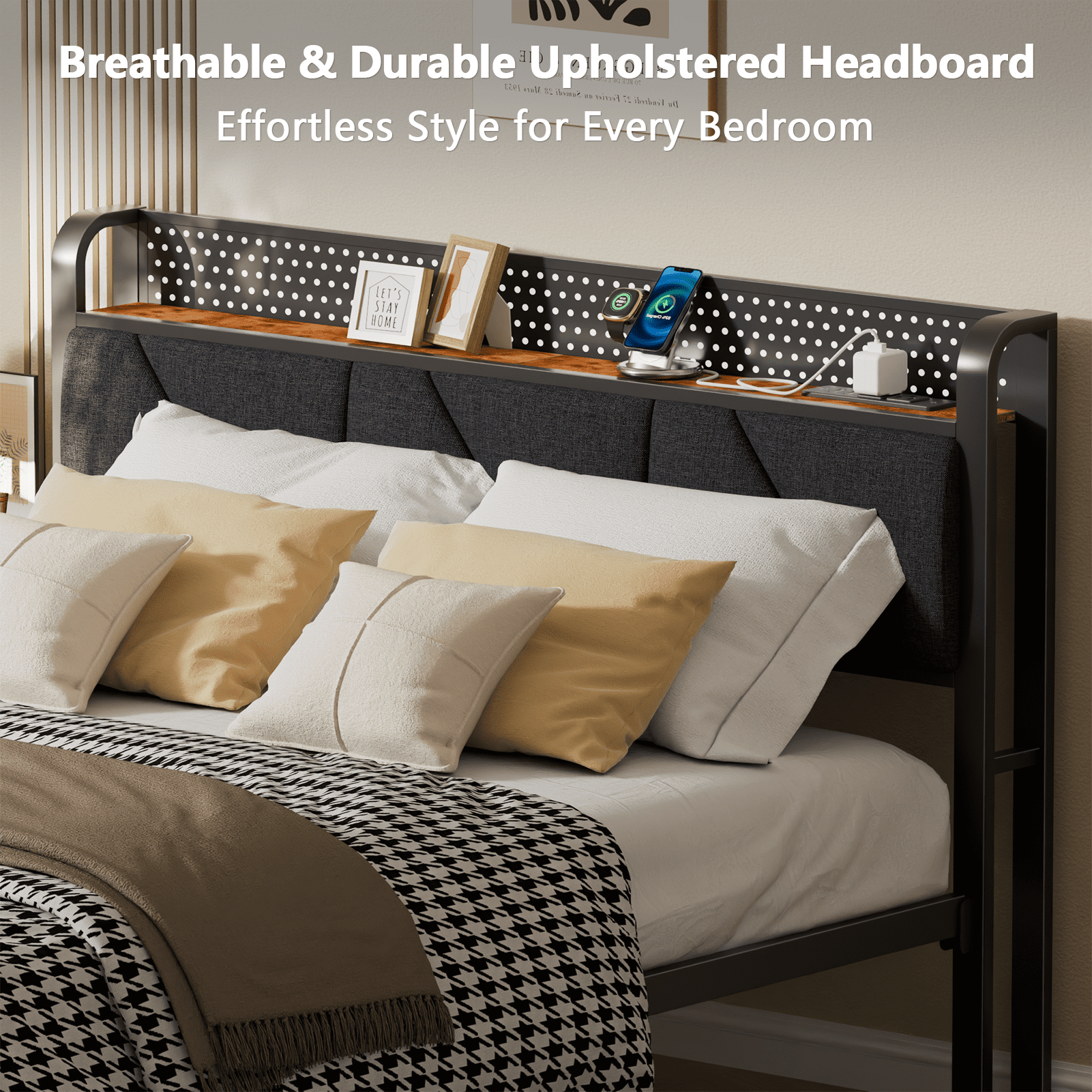 Tydimor Queen Size Metal Smart Bed Frames with Upholstered Headboard, LED Lights, USB Ports and Outlets & Underbed, Rustic Brown
