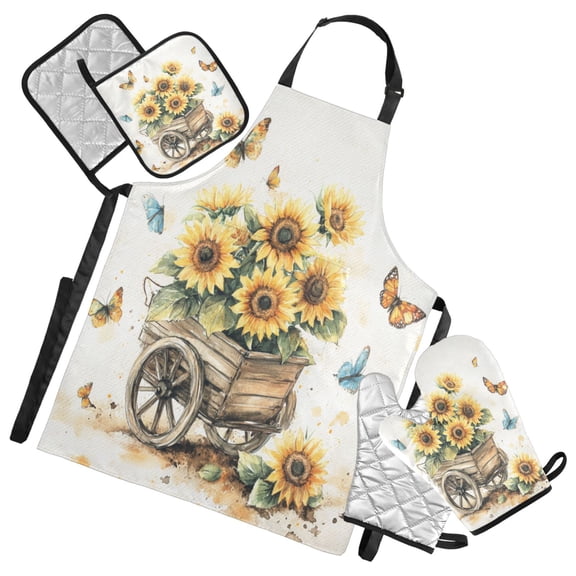 5-Piece Kitchen Apron Set with Heat-Resistant Gloves & Insulation Mats for Cooking, Baking, BBQ Sunflowers and Butterflies