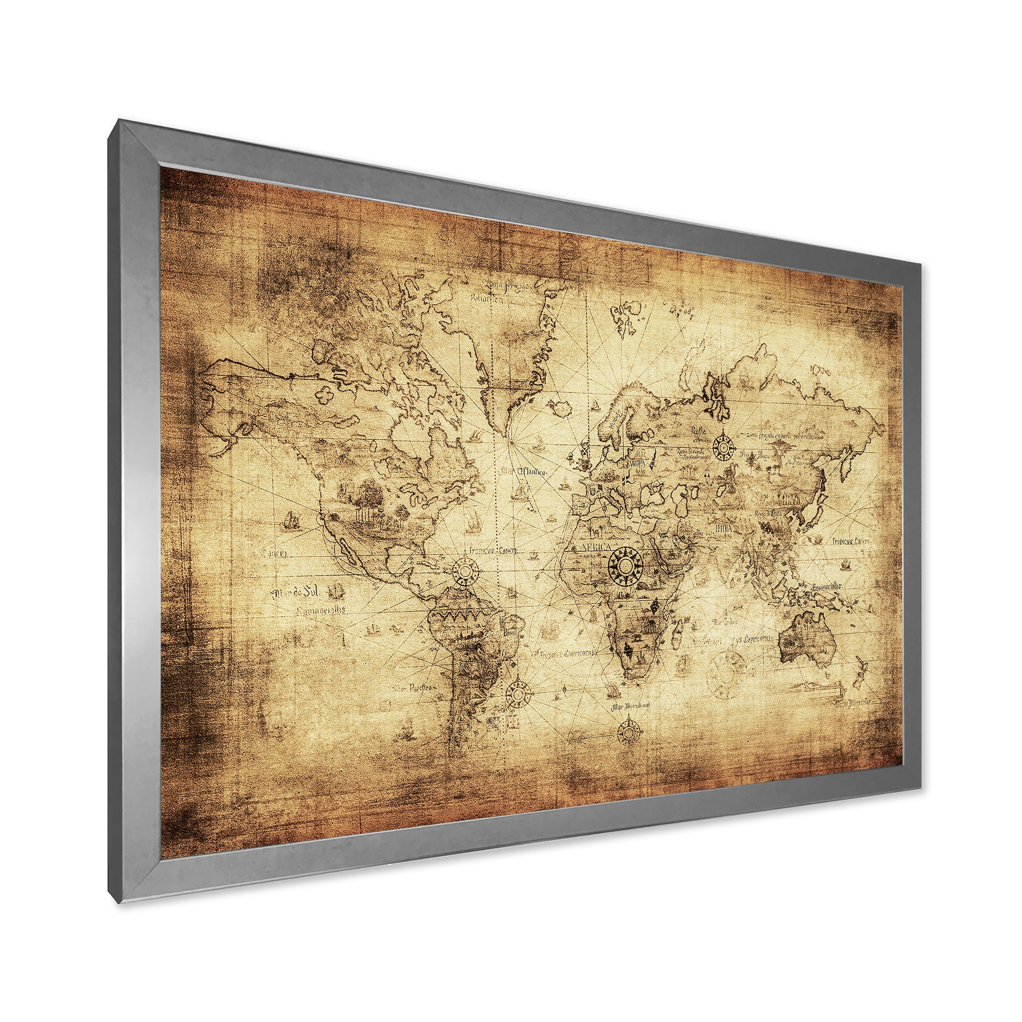 Designart 'Ancient World Map IV' Vintage Framed Art Print