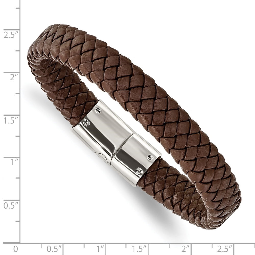 Diamond2Deal Stainless Steel Polished Brown Braided Leather Bracelet for Men 8.5"
