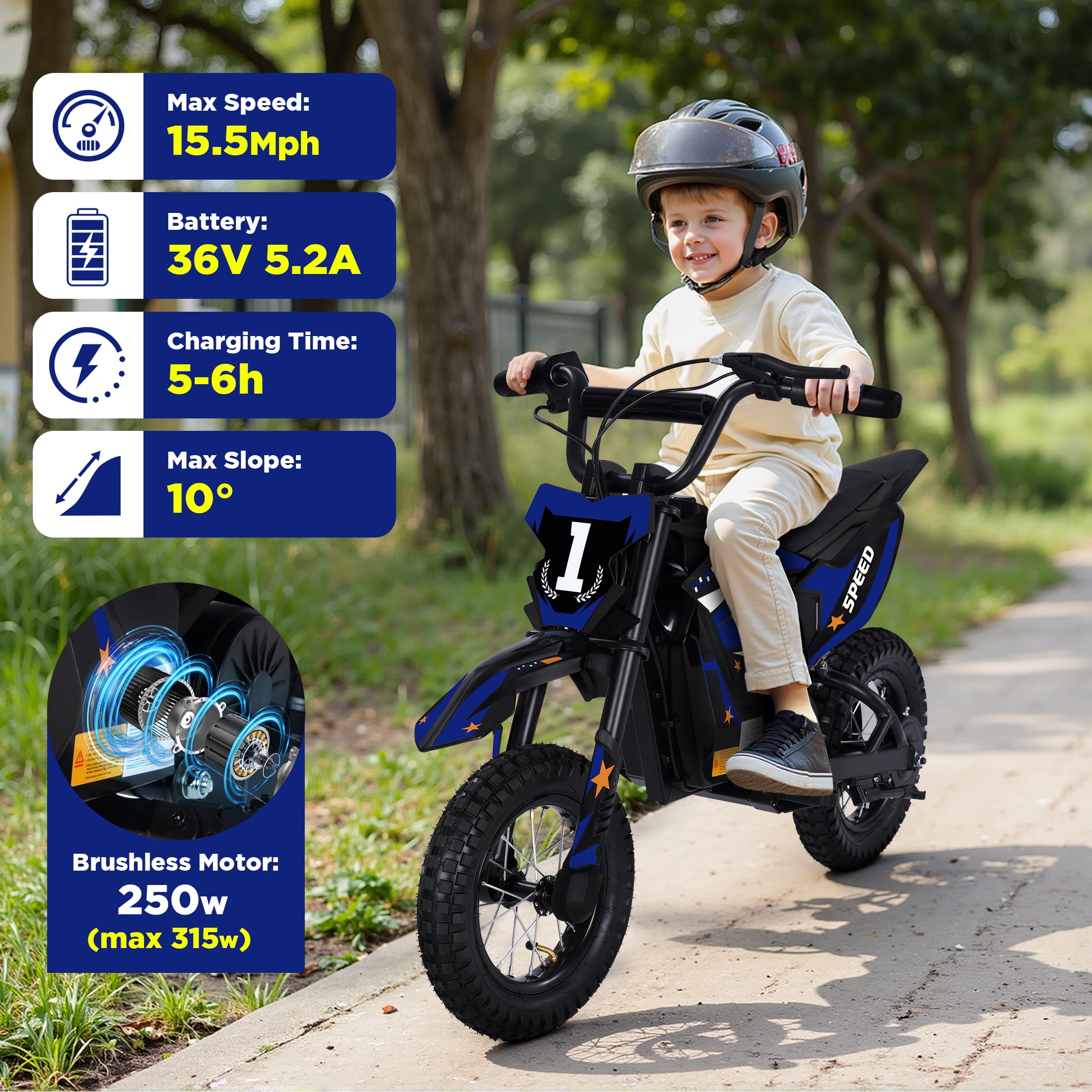 Wisairt 36V Kids Electric Dirt Bike, 15.5 mph High-Speed Electric Motorcycle Ride on Dirt Bike for Kids Aged 5-10, 133 lbs Max Load, 10-mile Range, Waterproof Seat, Twist Grip Throttle, Blue