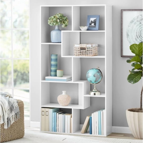 Modern 68.5" 8-Cube Bookcase, Geometric Tiered Wood Bookshelf Display Shelf Organizer Rack with Wall Anchor Safety Mount Hardware for Living Room & Office, White