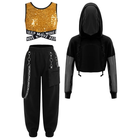 TiaoBug Kids Girls Hip Hop Jazz Street Dance Outfits Sequins Vest & Long Sleeve Crop Top & Cargo Pants Set Gold 6