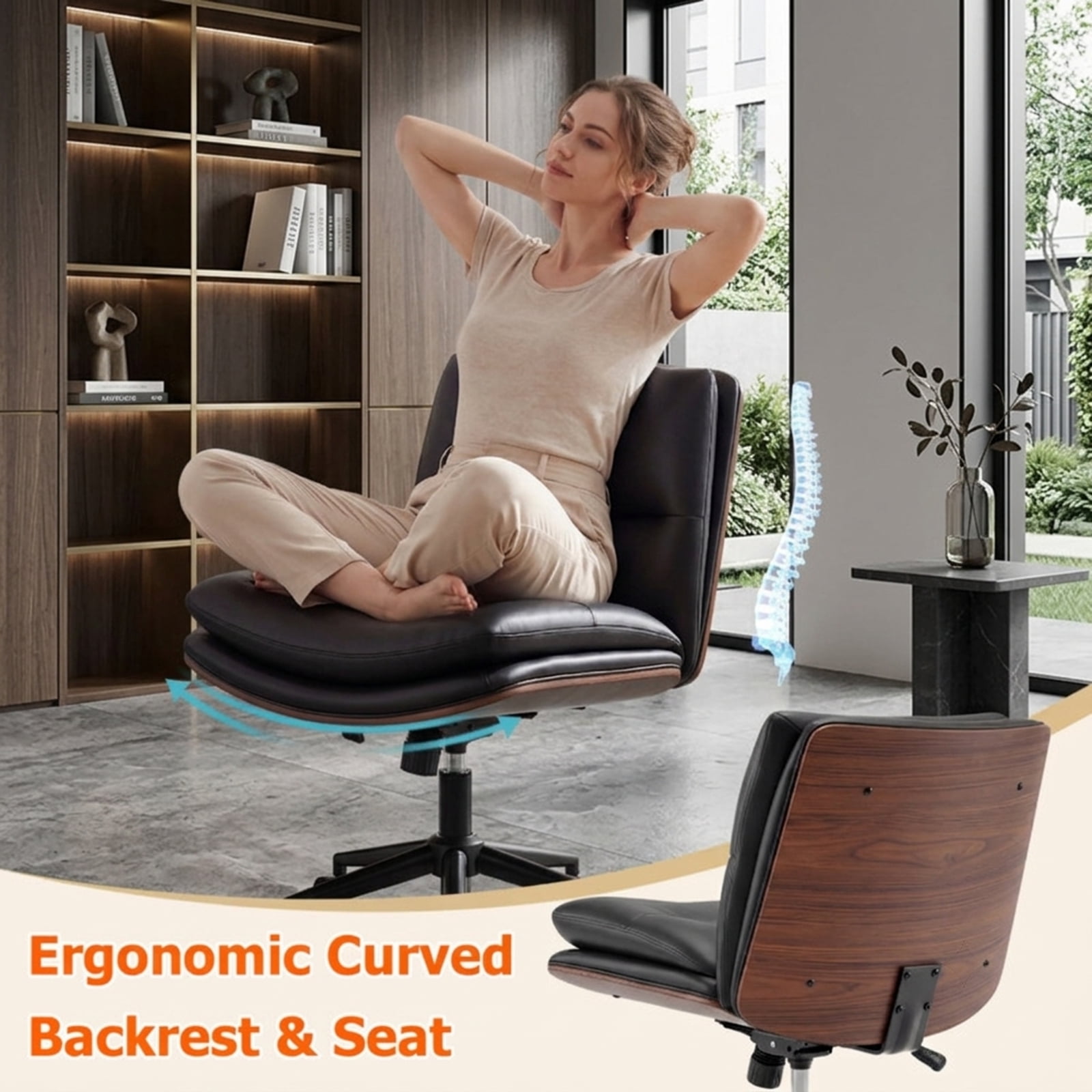 Furnibear Armless Office Chair with Curved Backrest and Padded Faux Leather Seat Small Rolling Task Chair for Home Office Vanity Bedroom Study, Black