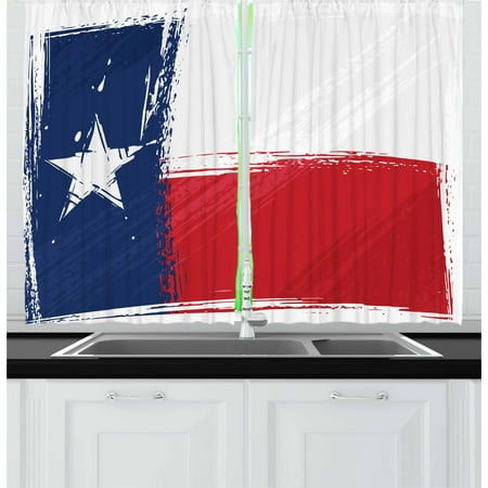 Country Blue Bedroom Texas Star Curtains 2 Panels Set, Grunge Flag with Watercolor Brush Strokes Independent Country, Window Drapes for Living Room Bedroom, 55W X 39L Inches, Vermilion White Dark Blue, by Ambesonne ()