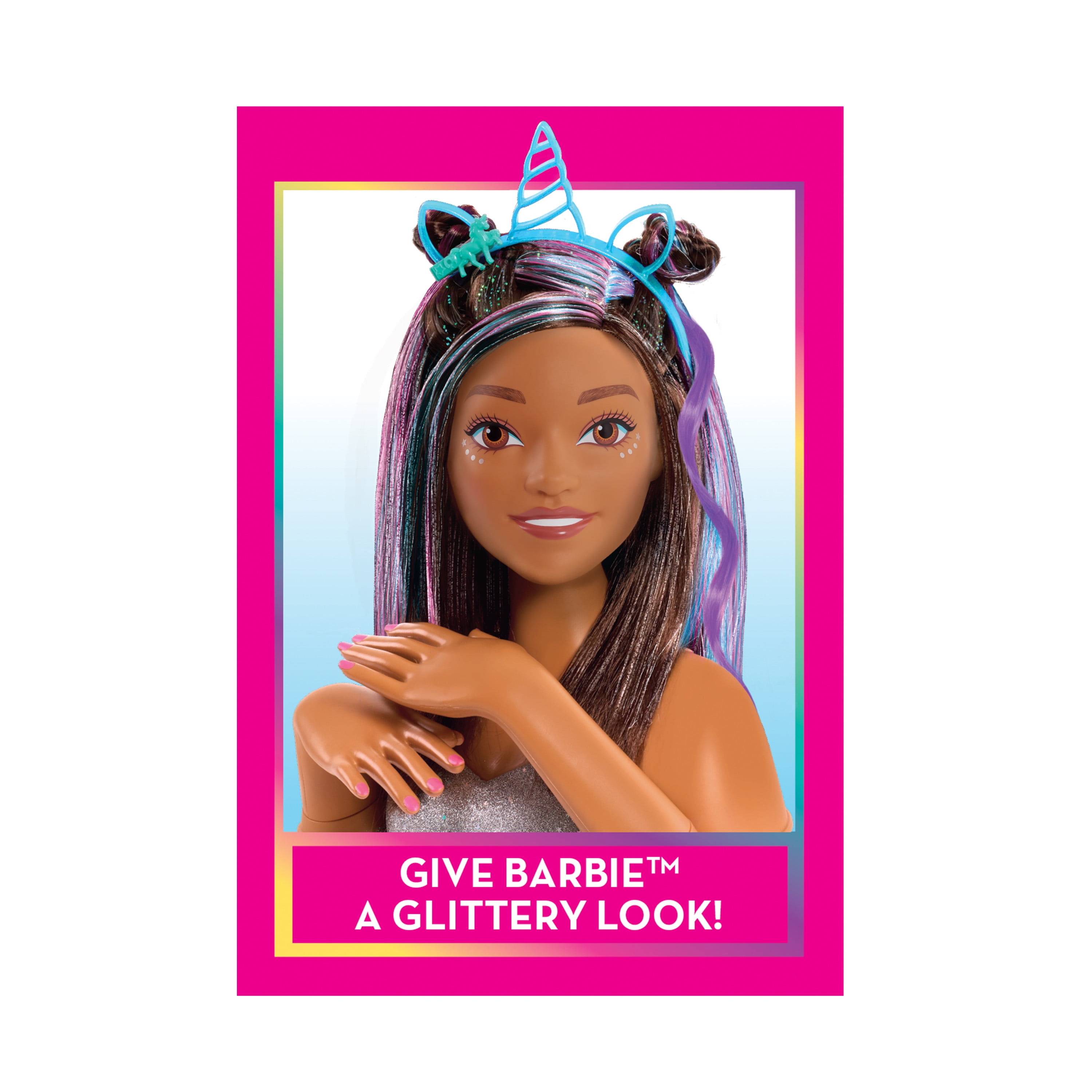Just Play Barbie Deluxe 20-Piece Glitter and Go Styling Head â€“ Brown  Hair, Kids Toys for Ages 5 up
