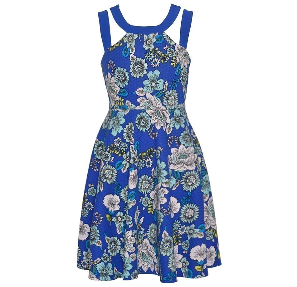 Bonnie Jean - Girls Royal Blue Floral Print Criss-Cross Strappy Dress ...