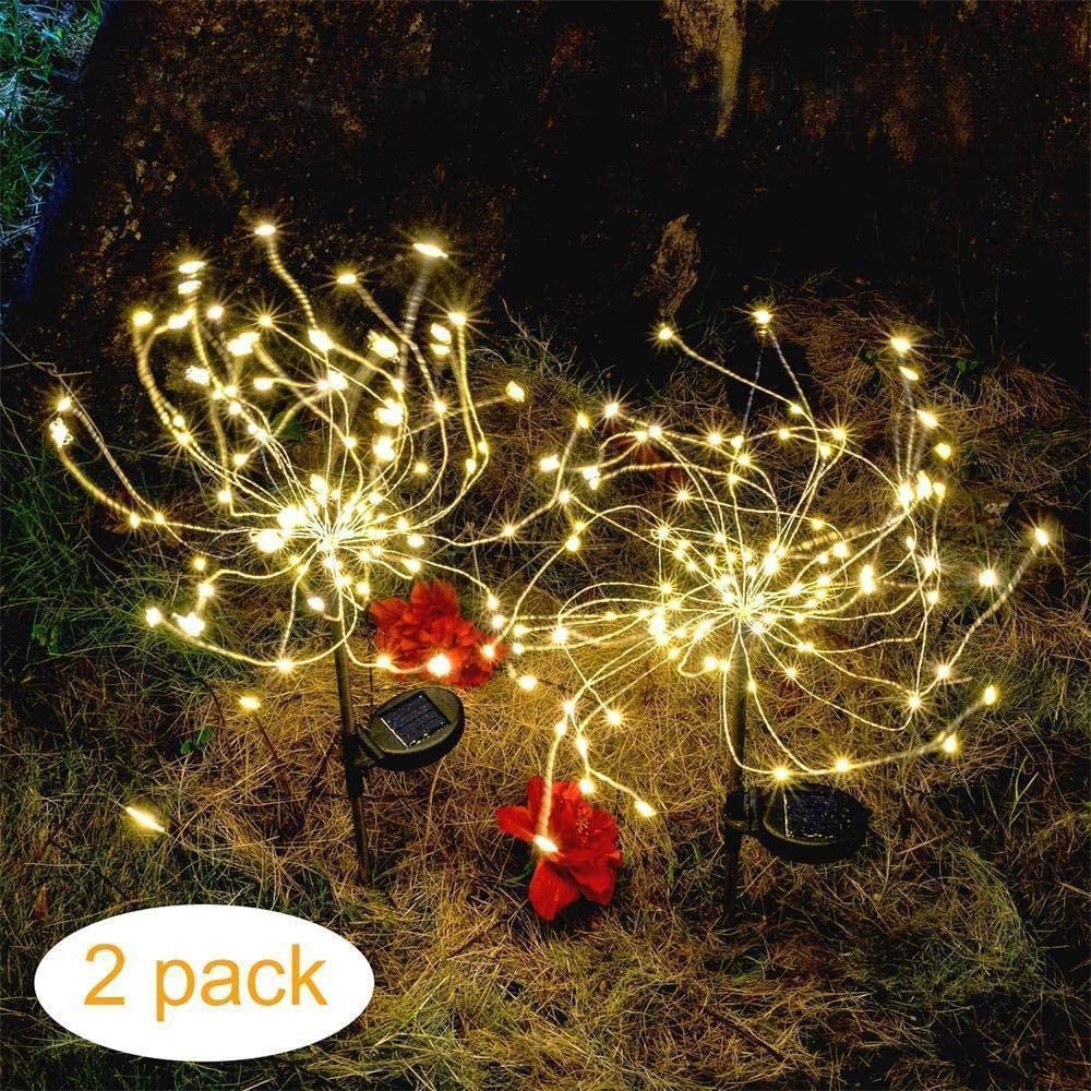 Outdoor Solar Garden Lights 120 LED Solar Powered Decorative Stake Landscape  Light DIY Flowers Fireworks starburst Pack（Warm White）