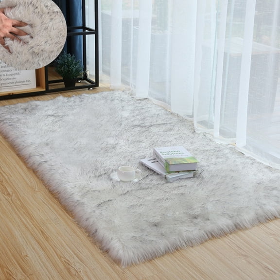 Soft Gray White Faux Fur Sheepskin Area Rug 23.6x35.5inch Shaggy Rugs Long Plush Carpet Floor Mat for Bedroom Living Room