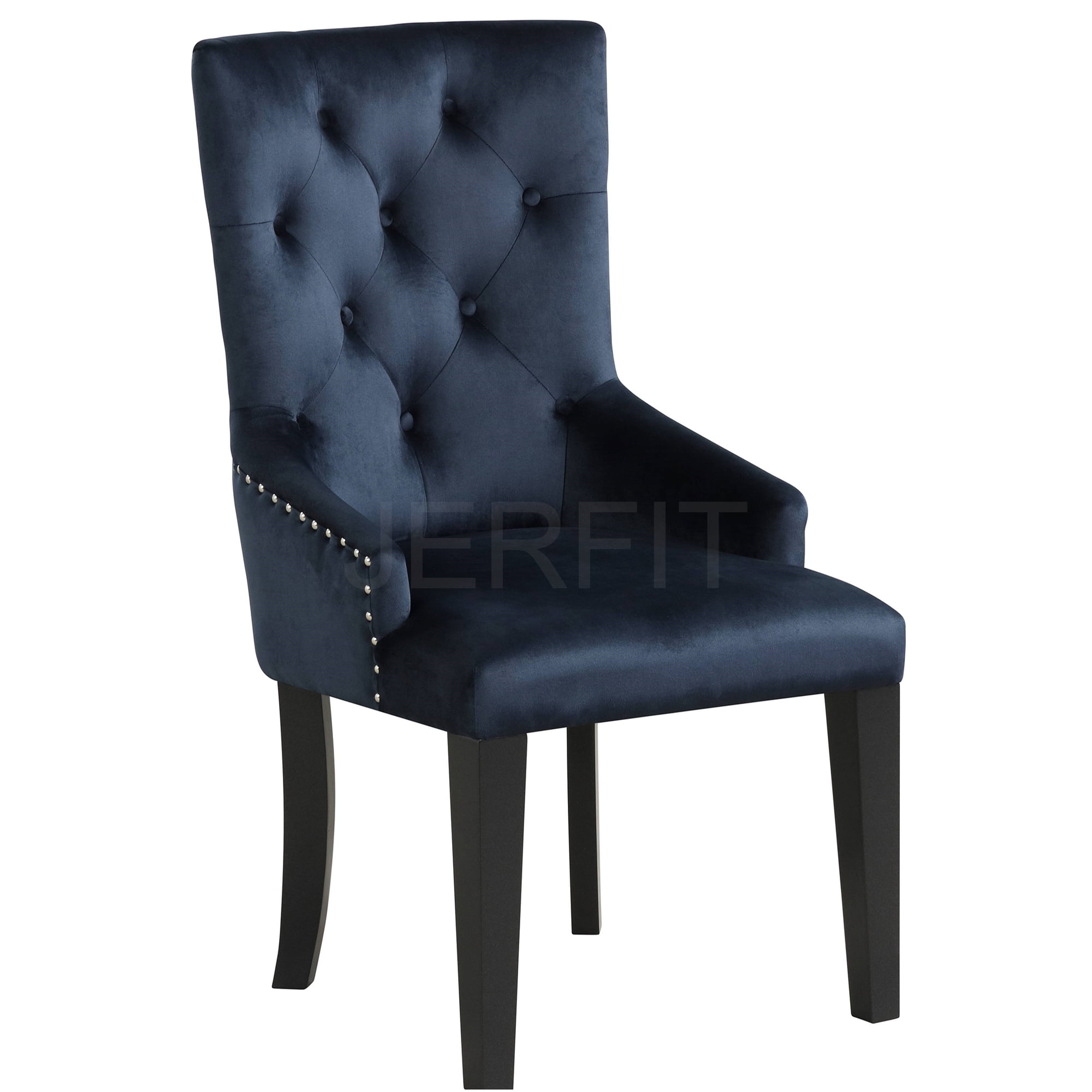 JERFIT Modern Glam Dining Chair, Dark Navy Velvet Upholstered Side Chair with Tufted Back, Nailhead Trim and Pull Ring for Dining Room, Office